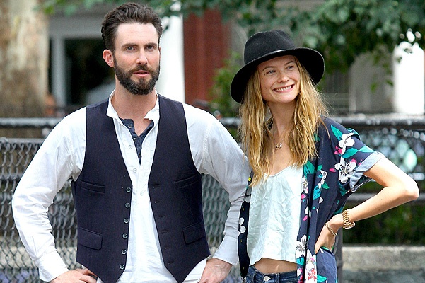 Adam Levine's fiancee, Behati Prinsloo is all smiles as she visits her future husband on the set of 'Can a Song Save Your Life?' in Manhattan, NYC