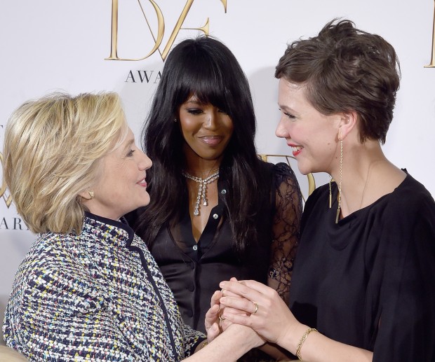 NEW YORK, NY - APRIL 23:  Hillary Clinton, Naomi Campbell and Maggie Gyllenhaal attend the 2015 DVF Awards at United Nations on April 23, 2015 in New York City.  (Photo by Jamie McCarthy/Getty Images) 