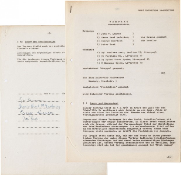 This undated photo provided by Heritage Auctions from an upcoming Beatles collection sale shows the Beatles first recording contract, which was signed in Hamburg, Germany, where the band honed its craft performing in the citys boisterous nightclub district.  It will be auctioned in New York on Sept. 19 and is part of a collection, spanning the bands entire career, from the estate of Uwe Blaschke a noted German Beatles historian who died in 2010. (Heritage Auctions via AP) 