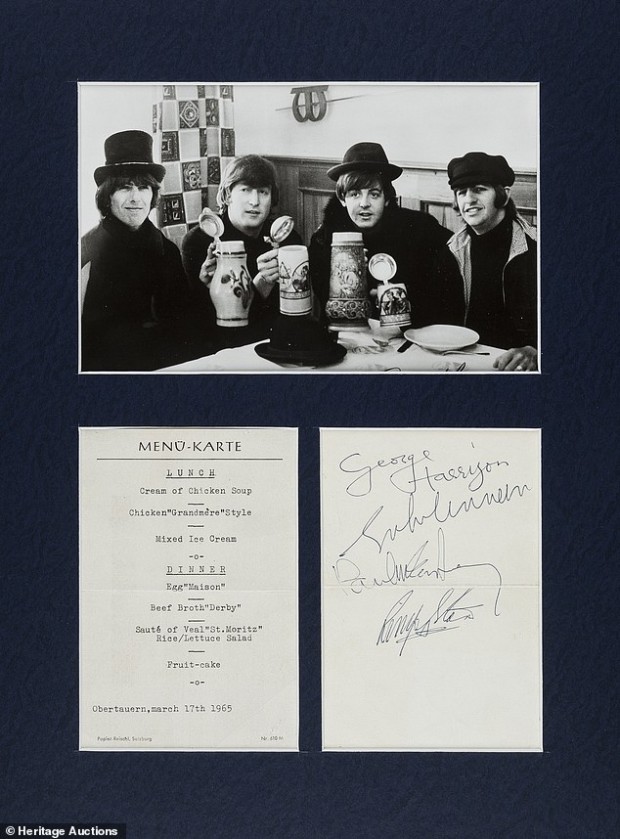 This undated photo provided by Heritage Auctions from an upcoming Beatles collection sale shows  Swiss restaurant menu card signed by the Beatles while they were filming HELP in 1965, which will be auctioned in New York on Sept. 19. The collection, spanning the bands entire career, is from the estate of Uwe Blaschke a noted German Beatles historian who died in 2010. (Heritage Auctions via AP) 