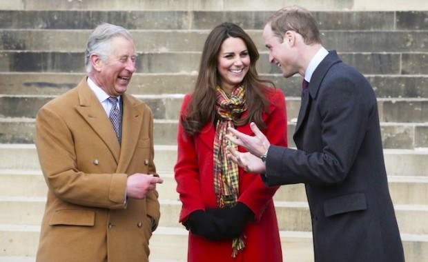The Duke and The Duchess of Cambridge are pictured with  Prince of Wales during a visit to  Dumfries House in Ayrshire, Scotland. PRESS ASSOCIATION Photo. Picture date: Friday April 05, 2013.  The Duke and Duchess of Cambridge braved the bitter cold to attend the opening of an outdoor centre in Scotland today. The couple joined the Prince of Wales at Dumfries House in Ayrshire where Charles has led a regeneration project since 2007. Hundreds of locals and 600 members of youth groups including the Girl Guides and Scouts turned out for the official opening of the Tamar Manoukin Outdoor Centre. See PA story: ROYAL Cambridge Photo credit should read: Danny Lawson/PA Wire 