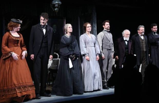 NEW YORK, NY - OCTOBER 01:  (EXCLUSIVE COVERAGE) (L-R) Mary Wiseman, Gabriel Ebert, Judith Light, Keira Knightley, Matt Ryan, David Patrick Kelly and Jeff Still take their first preview performance curtain call (Knightley's broadway debut) of Roundabout Theater Company's production of "Therese Raquin" on Broadway  at Studio 54 Theater on October 1, 2015 in New York City.  (Photo by Bruce Glikas/Bruce Glikas) 