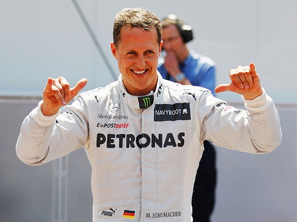 MONTE CARLO, MONACO - MAY 26:  Michael Schumacher of Germany and Mercedes GP celebrates setting the fastest time before his five place grid penalty during qualifying for the Monaco Formula One Grand Prix at the Circuit de Monaco on May 26, 2012 in Monte Carlo, Monaco.  (Photo by Paul Gilham/Getty Images) 