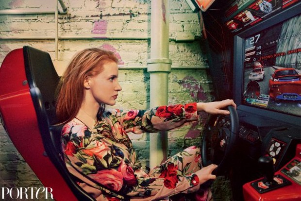 jessica-chastain-wears-pajama-shirt-pajama-trousers-by-dolce-gabbana-photographed-by-ryan-mcginley-for-porter