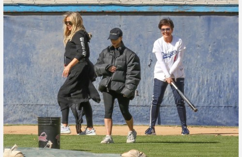 Calabasas, CA  - *EXCLUSIVE*  - Reality stars Kim, Kourtney and Khloe Kardashian get together to have a fun game of softball while filming 'Keeping Up With The Kardashians' with their mother Kris Jenner in Calabasas.  Each of them took turns at the plate while one of them soft pitched softballs for batting practice.  At one point Kim pitched to Kris and nearly took her head off forcing Kris to duck and try to get out of the way, falling down on the ground.  The close call was a little too close for comfort and was obviously not intentional which all the girls had a big laugh after helping Kris get up. Shot on 02/13/18 Pictured: Kim Kardashian, Kourtney Kardashian, Kris Jenner BACKGRID USA 14 FEBRUARY 2018  BYLINE MUST READ: BAHE / BACKGRID USA: +1 310 798 9111 / usasales@backgrid.com UK: +44 208 344 2007 / uksales@backgrid.com *UK Clients - Pictures Containing Children Please Pixelate Face Prior To Publication* 