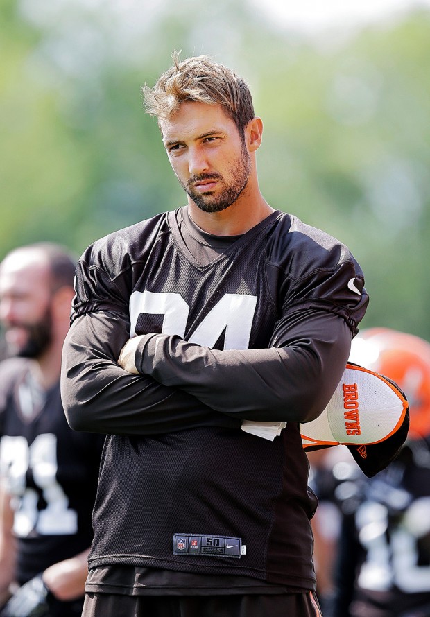 Mandatory Credit: Photo by Mark Duncan/AP/Shutterstock (6017028v) Jordan Cameron Cleveland Browns tight end Jordan Cameron watches practice at NFL football training camp in Berea, Ohio Browns Camp Football, Berea, USA 