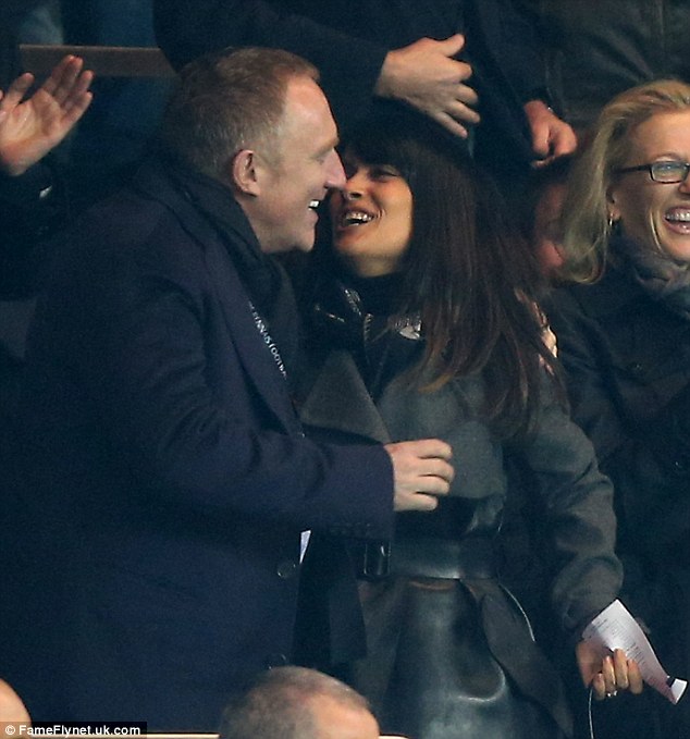 Ecstatic: Salma Hayek and husband Francois-Henri Pinault look overjoyed on Saturday when their team win in Paris