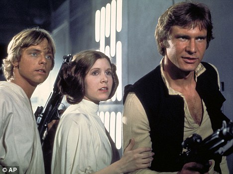 Iconic role: The actor as Hans Solo with Mark Hamill as Luke Skywalker, Carrie Fisher as Princess Leia 